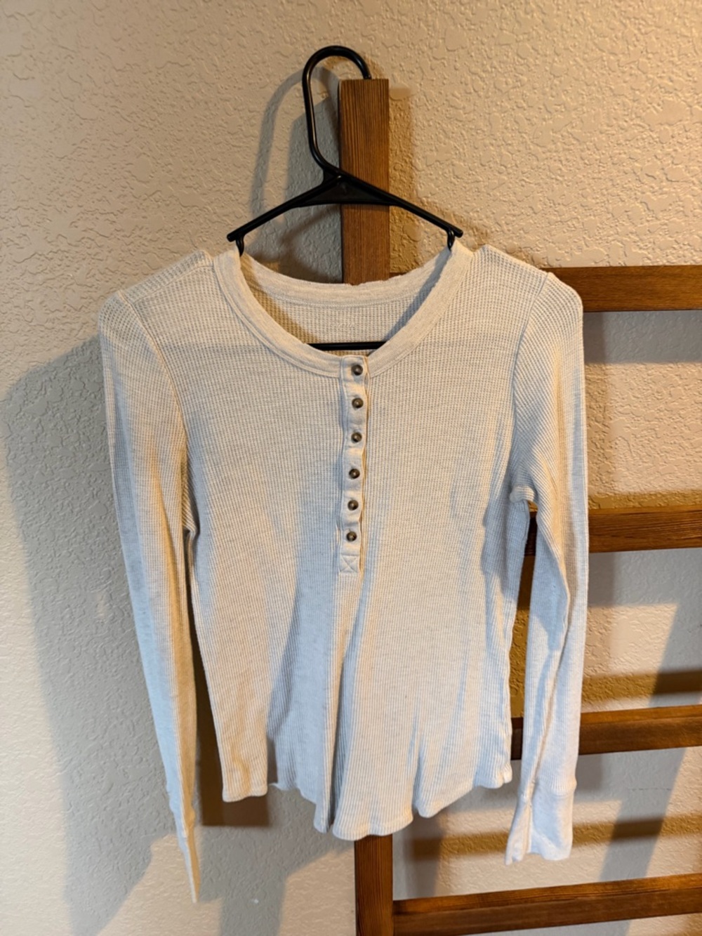 Light Cream Ribbed Henley Long Sleeve Top